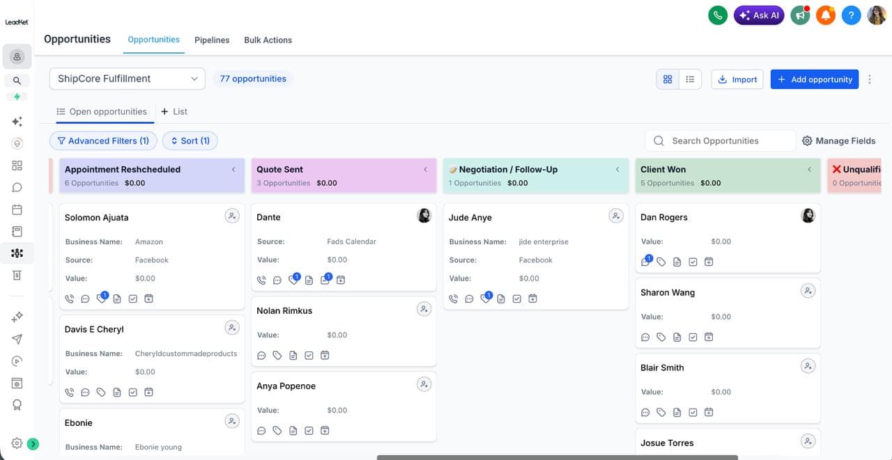 CRM pipeline for ShipCore Fulfillment: rescheduled appointments, quotes, follow-ups and won clients