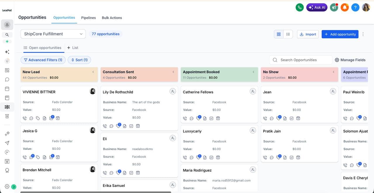 CRM pipeline for ShipCore Fulfillment: new leads, consultations, booked appointments and no-shows